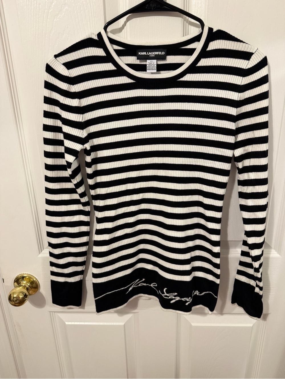 Karl Lagerfeld Black and White Ribbed Striped Long Sleeve Top